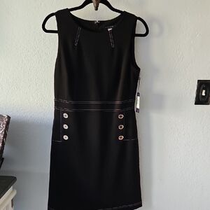 Tommy Hilfiger Black Sleeveless Midi Sheath Dress with Button Accents